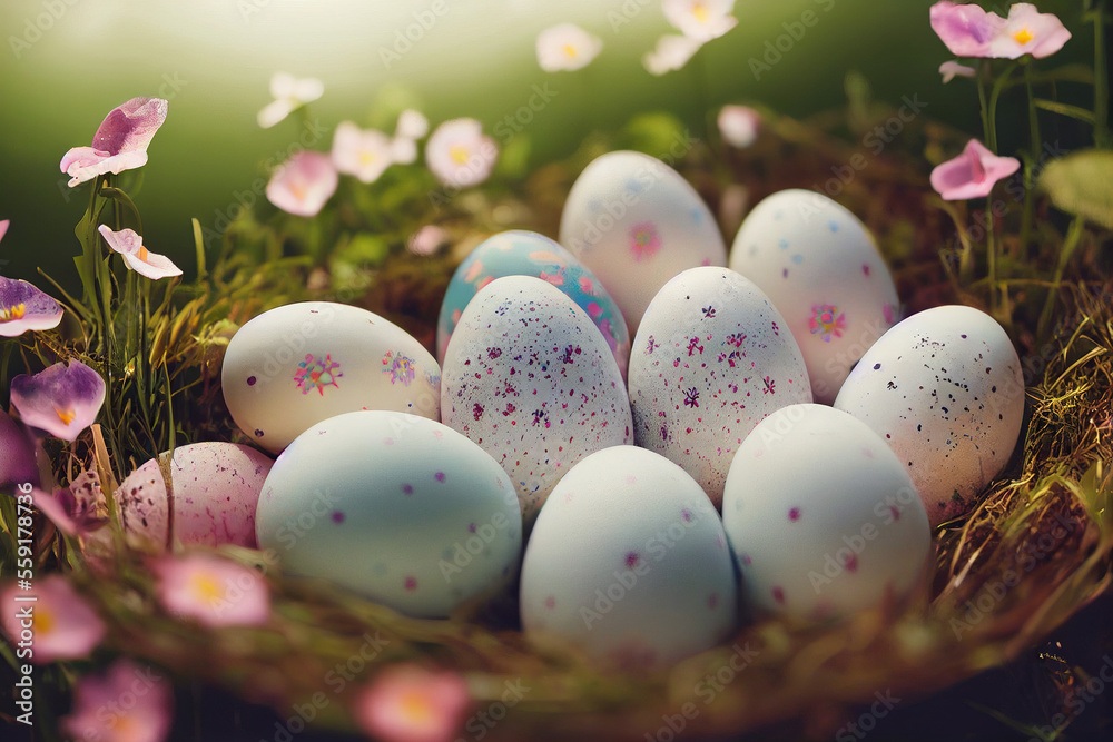 White Easter eggs in garden, Generative AI