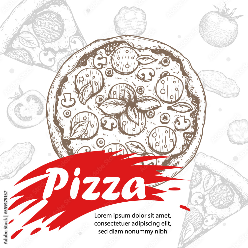 Italian pizza design template. Pepperoni pizza in hand drawn sketch style and pizza ingredients in flat modern style. Best for flyers, menu designs, , banners, packages and other. Vector illustration. Italian pizza design template. Pepperoni pizza in hand drawn sketch style and pizza ingredients in flat modern style. Best for flyers, menu designs, , banners, packages and other. Vector illustration.