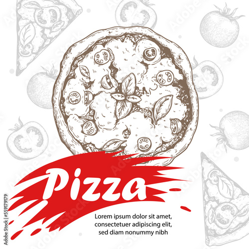 Italian pizza design template. Pizza Margherita in hand drawn sketch style and pizza ingredients in flat modern style. Best for flyers, menu designs, banners, packages and other. 