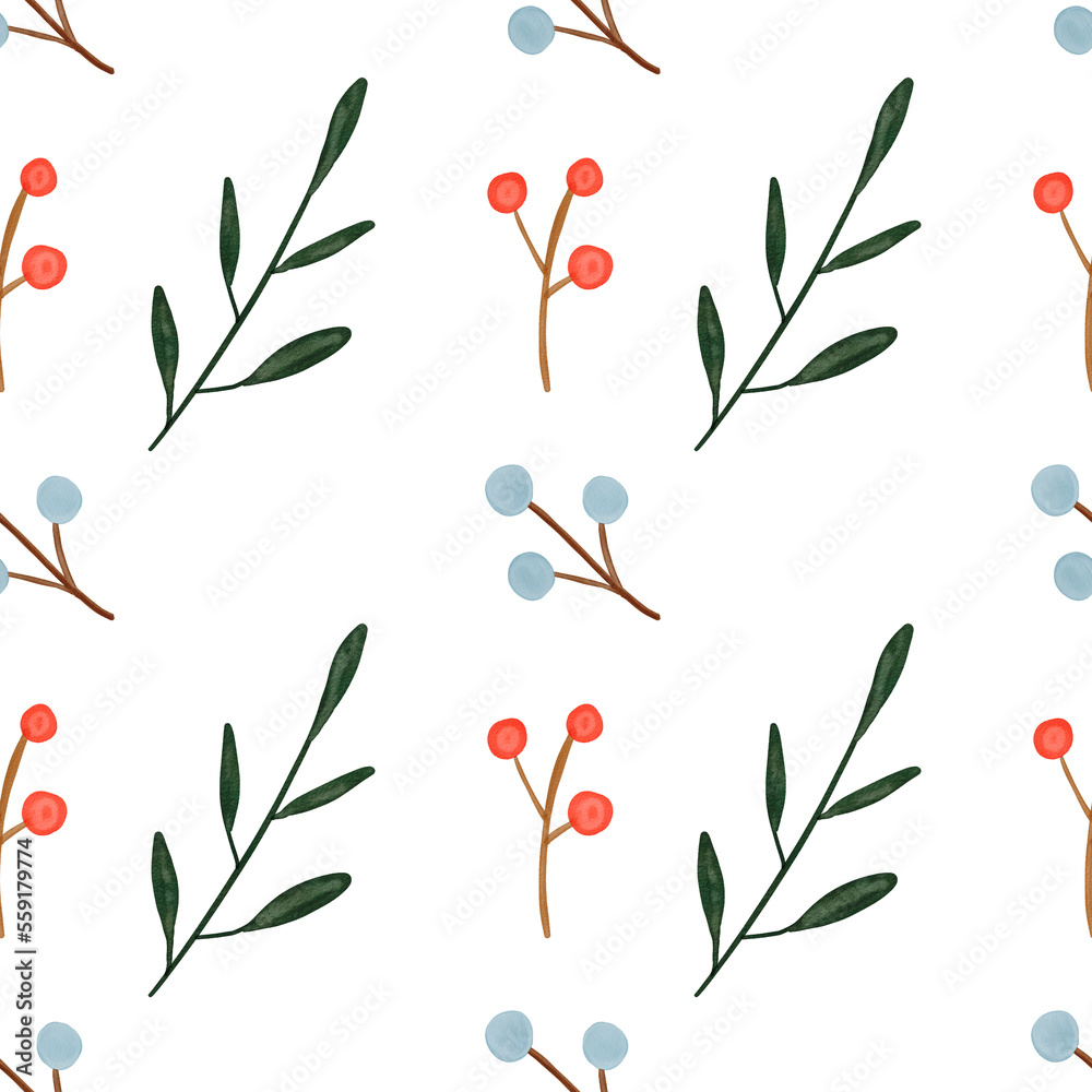 Watercolor floral Christmas holidays background with red berries and leaves. Christmas watercolor seamless pattern on white background. 