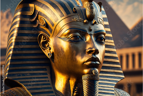 Pharaoh golden mask, panoramic 3d egypt scene, illustration digital generative ai logo design art style