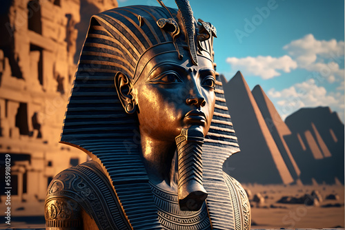 Fotografiet Pharaoh golden mask, panoramic 3d egypt scene,  illustration digital generative