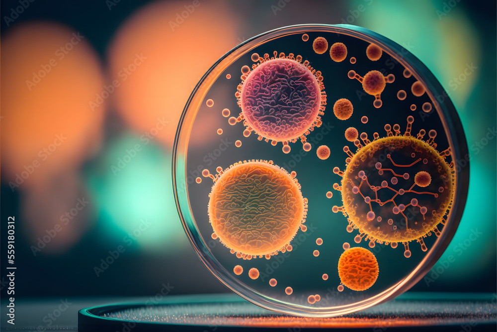 Macro close up shot of bacteria and virus cells in a scientific ...