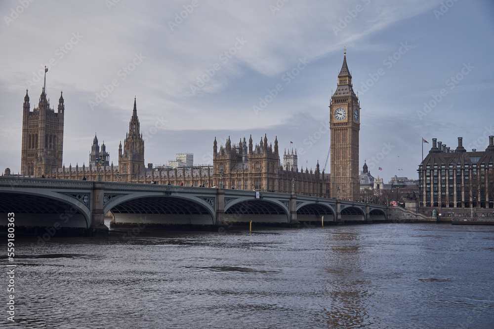 Houses of Parliament, Palace of Westminster, from across the River Thames colour, dawn