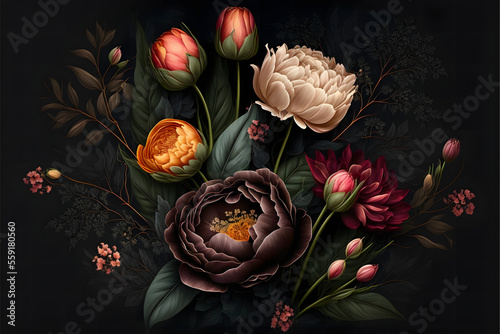 vintage mooie retro bloem, roos en tulp, donkere achtergrond, illustratie digitale generatieve ai ontwerp kunststijl © Luc.Pro