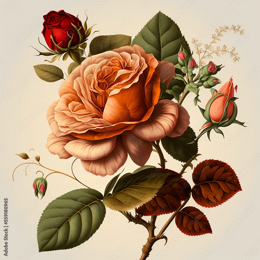 Delightful rose flowering plant as in vintage botanical illustration