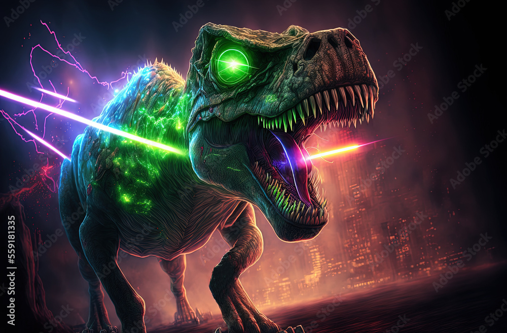 dinosaur shooting lasers in the city. Generative AI picture. Stock  Illustration | Adobe Stock