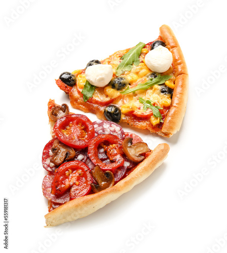 Different slices of pizza on white background