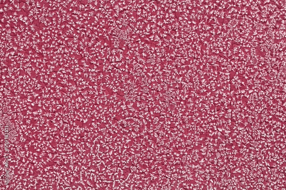 Frozen snowflakes on a painted cracked Viva Magenta wall. Color of 2023. Frozen snowflakes on a painted cracked Viva Magenta wall. Color of 2023.