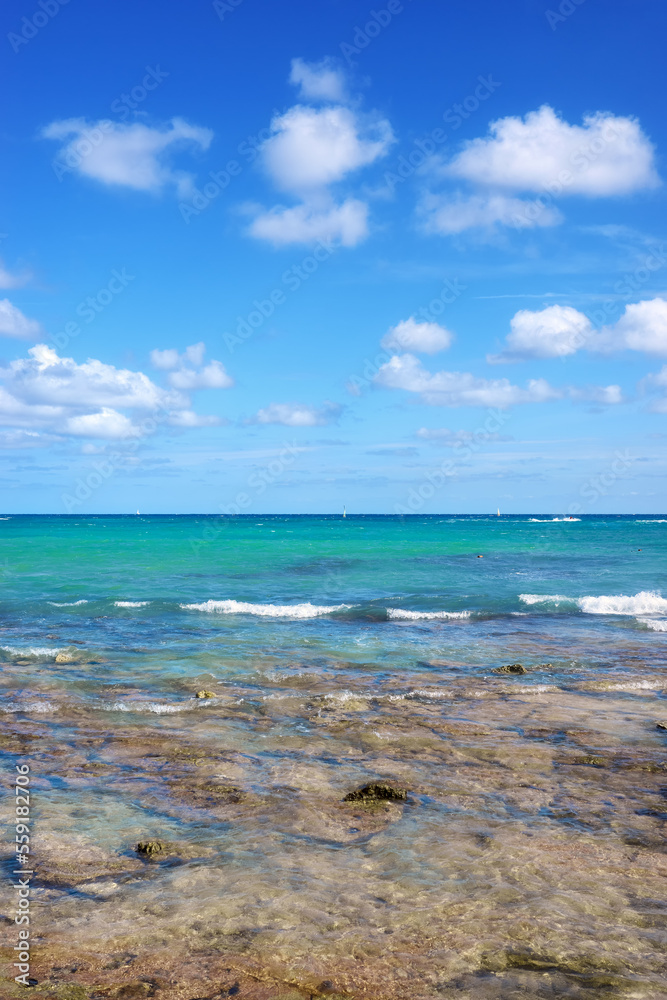 Caribbean Sea seascape with rocks in shallow water on a sunny day.
