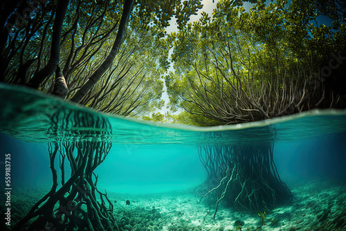 Underwater photograph of a mangrove forest with flooded trees, an uncommon underwater scene, and an underwater ecology. Generative AI