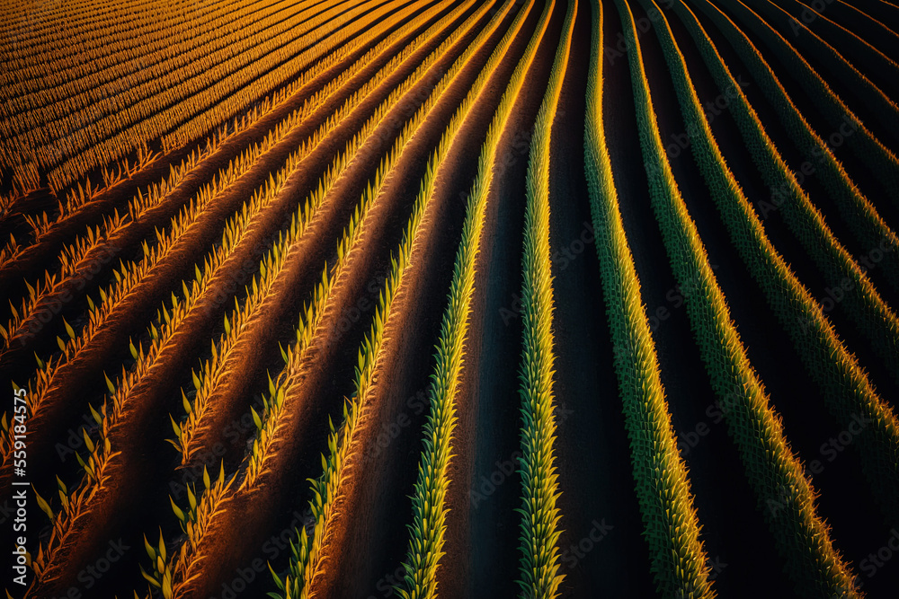 Obraz premium Rows of corn shoots in a cornfield, ripening cornfield in sunset light, aerial perspective, agriculture idea, rural scene with maize field, and autumnal mood. Generative AI