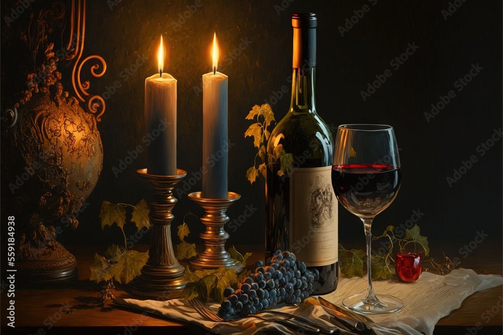 a bottle of wine, a glass of wine, a bottle of wine and a candle are on a table with a cloth and grapes and a vase in the background is lit by a candle.