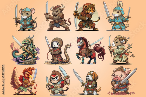 Twelve Zodiac of Chinese Lunar New Year Holding Sword Conceptual in Set of Vector