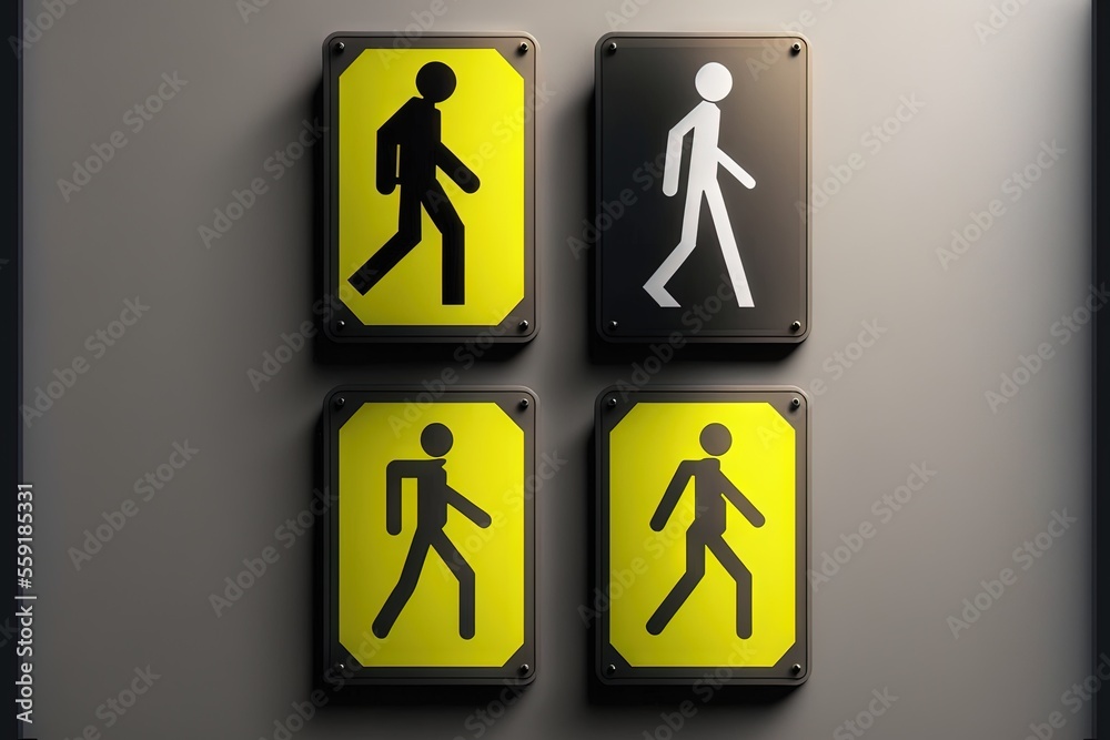 three signs on a wall showing people walking and walking in different directions, with a white man in the center of the signs and a black man in the middle of the picture, and. three signs on a wall showing people walking and walking in different directions, with a white man in the center of the signs and a black man in the middle of the picture, and.