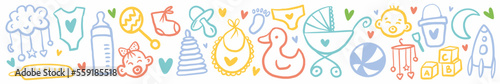 Horizontal vector illustration with elements for newborns, hand-drawn in the style of a doodle