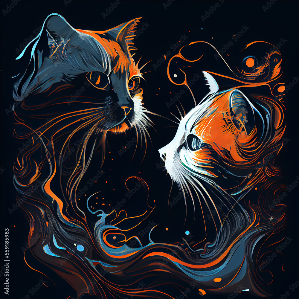 Abstract portrait of a two cats in orange and blue colors, generative ai Abstract portrait of a two cats in orange and blue colors, generative ai