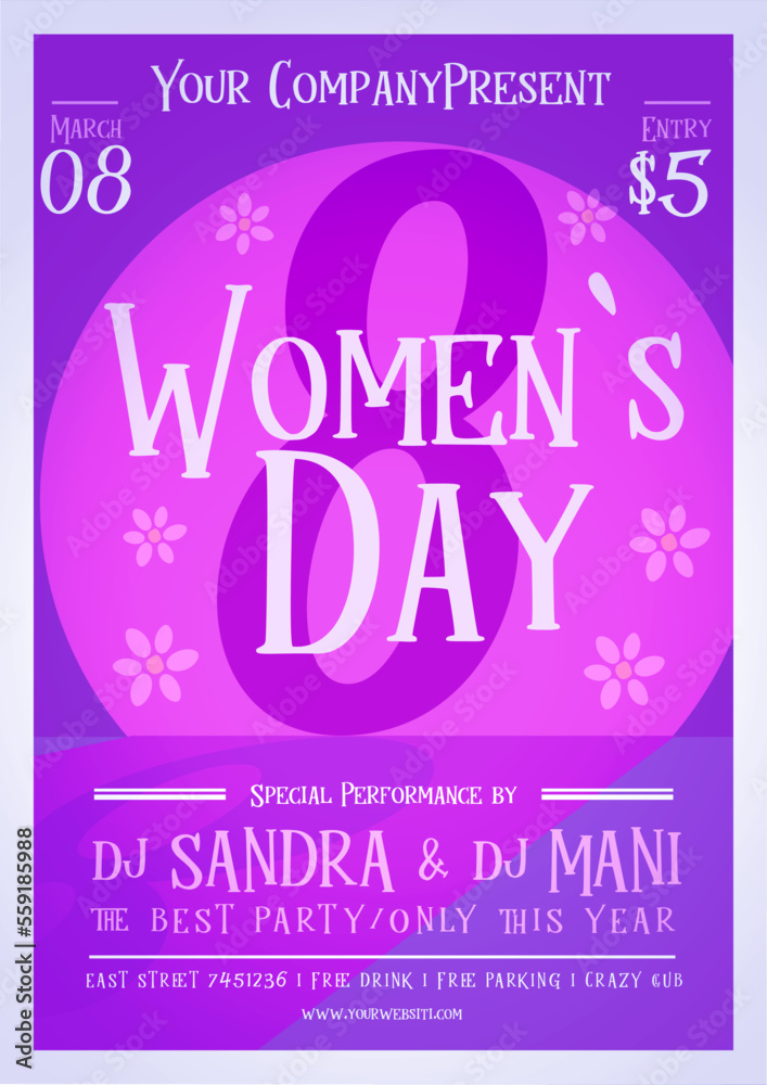 Womens Day Poster in violet colors with a number eight and white flowers on background vector