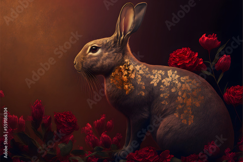 Gold bunny rabbit with red flowers, dark background, Chinese year, studio 3d illustration digital generative ai design art style