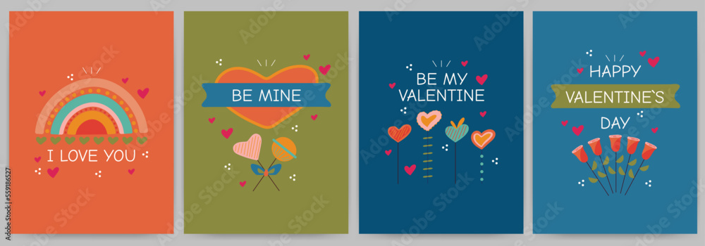 Happy Valentine's Day greeting card set. Rectangular templates with candies, hearts, ribbons, roses, rainbow. Vector illustration on a bright multi-colored background.