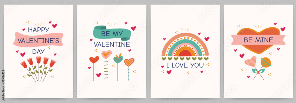 Set of greeting cards Happy Valentine's Day, invitations, declaration of love. Rectangular templates with candies, hearts, ribbons, roses, rainbow. Vector illustration with text.