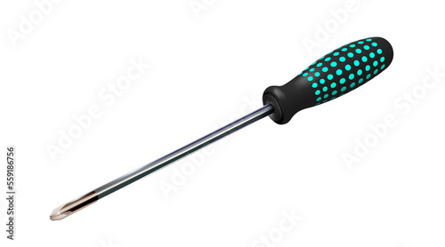 Professional realistic screwdriver with a plastic black and turquoise handle. Isometric 3d construction tool isolated. Cruciform for repair and construction.png