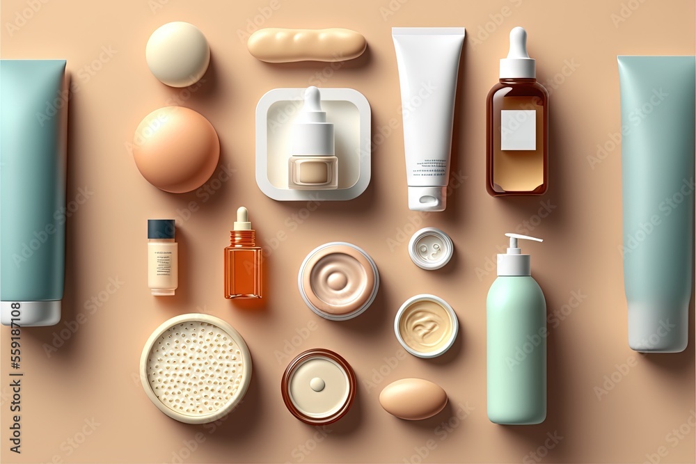 a variety of cosmetics and skin care products arranged on a table top view with a neutral background and a soft pastel color scheme for the skin tone, the skin tone is softest. a variety of cosmetics and skin care products arranged on a table top view with a neutral background and a soft pastel color scheme for the skin tone, the skin tone is softest.