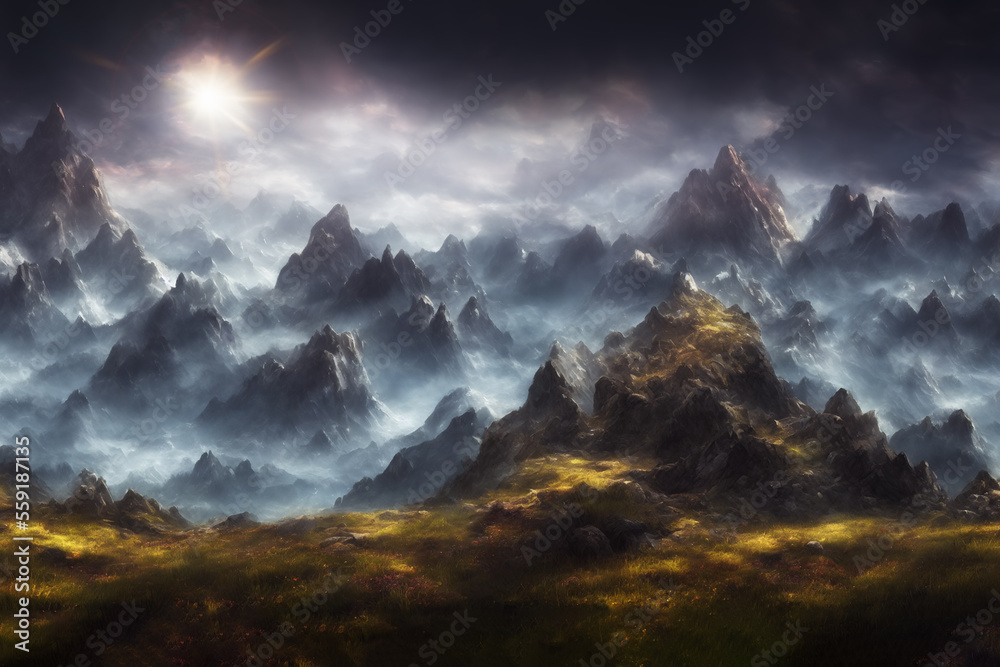 Fantasy landscape mountain sunset created with Generative AI technology