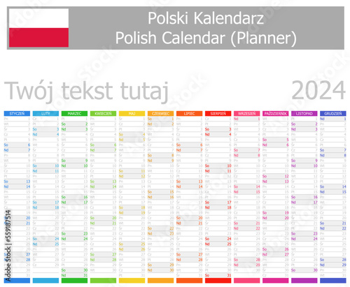 2024 Polish Planner Calendar with Vertical Months on white background