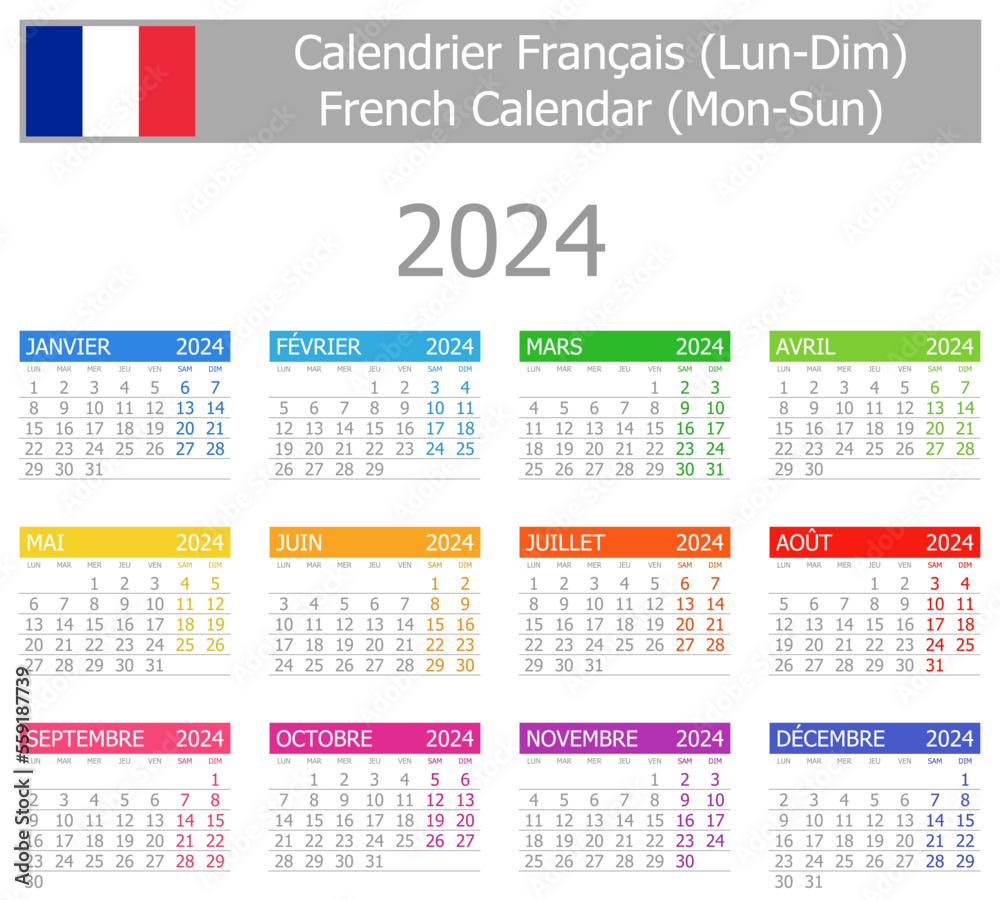 2024 French Type-1 Calendar Mon-Sun on white background
