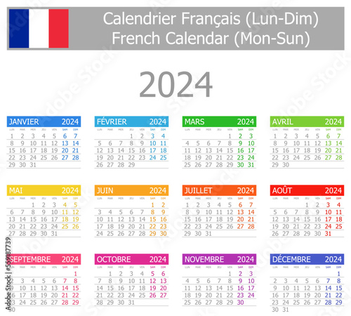 2024 French Type-1 Calendar Mon-Sun on white background