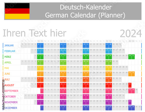 2024 German Planner Calendar with Horizontal Months on white background