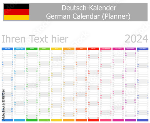 2024 German Planner Calendar with Vertical Months on white background