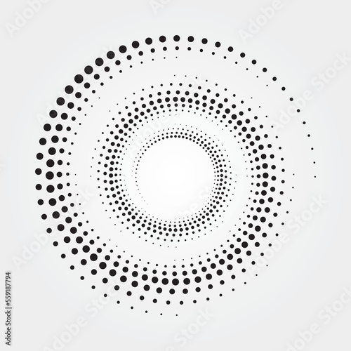 Circle halftone spiral backdrop. Dotted abstract concentric circle. spiral, swirl, twirl element. Circular and radial dots helix. Design element for multipurpose use. 