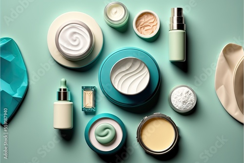 a variety of cosmetics and makeup products on a blue surface with a blue bag and a blue bag on the side of the table, and a blue plate with a white lid and a blue. Generative AI photo
