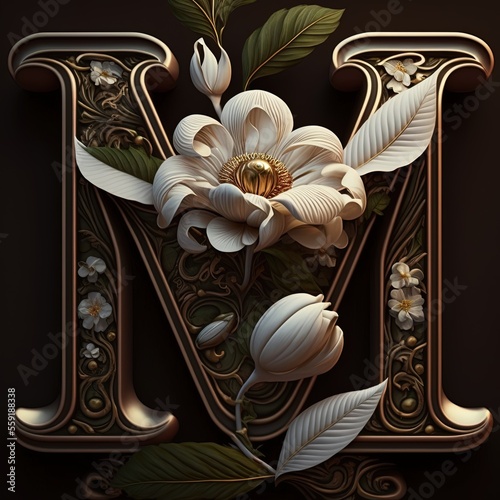 Letter M with magnolia flowers, Generative AI