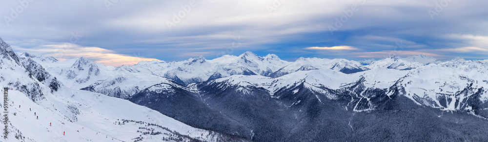 Canadian Mountain Landscape Nature Background covered in snow. Blackcomb Mountain in Whistler, British Columbia, Canada.