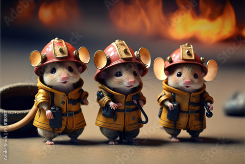 little mice dressed as firefighters going to put out a fire