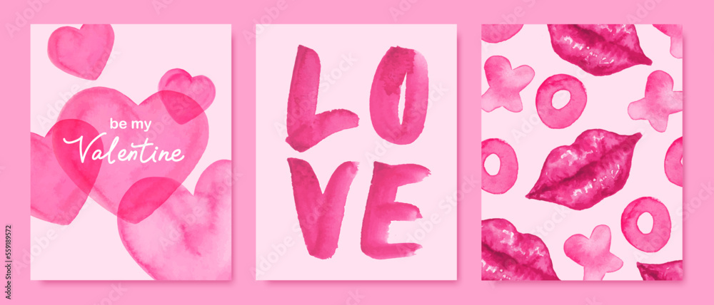 Set of Valentine's day cards, posters, backgrounds. Pink watercolor hearts, lips, letters.  Cute romantic design.