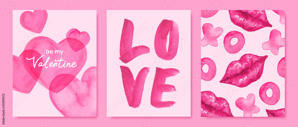 Set of Valentine's day cards, posters, backgrounds. Pink watercolor hearts, lips, letters. Cute romantic design. Set of Valentine's day cards, posters, backgrounds. Pink watercolor hearts, lips, letters. Cute romantic design.
