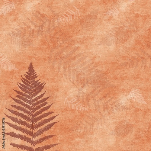 Autumn and yellow orange background.  Deep color pattern with natural texture.  brown fern and translucent falling leaves on the background.  very beautiful illustration with paper texture