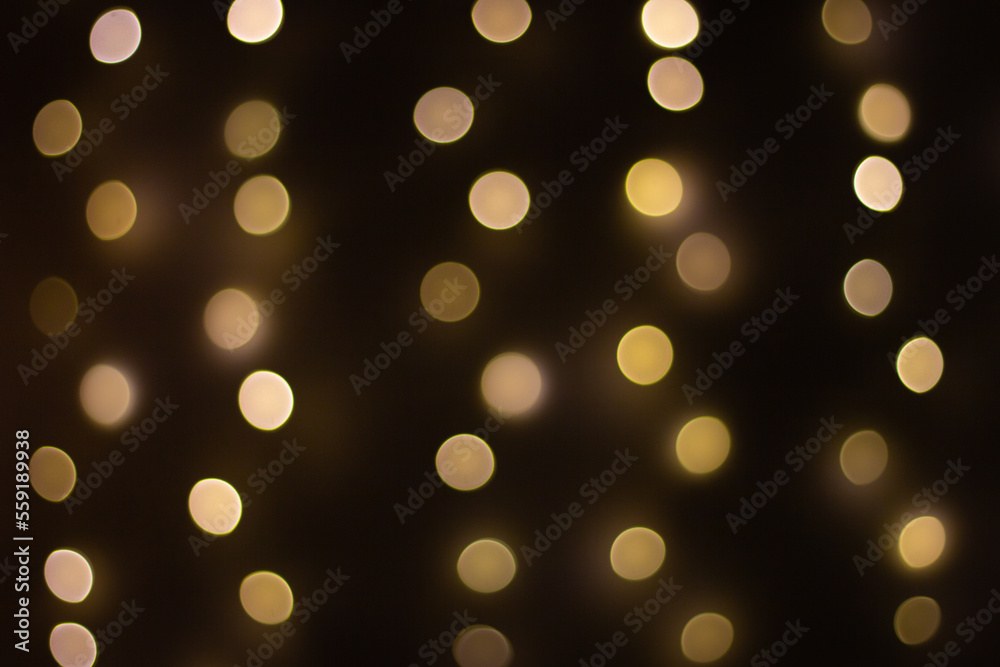 Dark background with sparkling dots. Illuminated wallpaper. Digital illustration. Shiny golden circles in darkness. Festive glitter. Diamonds in the night. Modern minimalism.