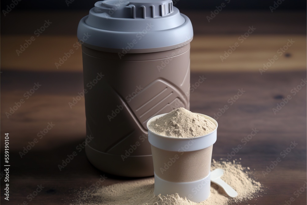 a cup of coffee next to a container of powdered coffee on a table with a spoon in it and a container of powdered coffee on the table top of the same size as the cup.
