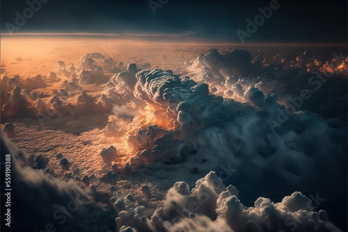 a large cloud filled with lots of clouds in the sky with a sun shining through the clouds above it and a black sky with clouds below it and a yellow line of light below it.