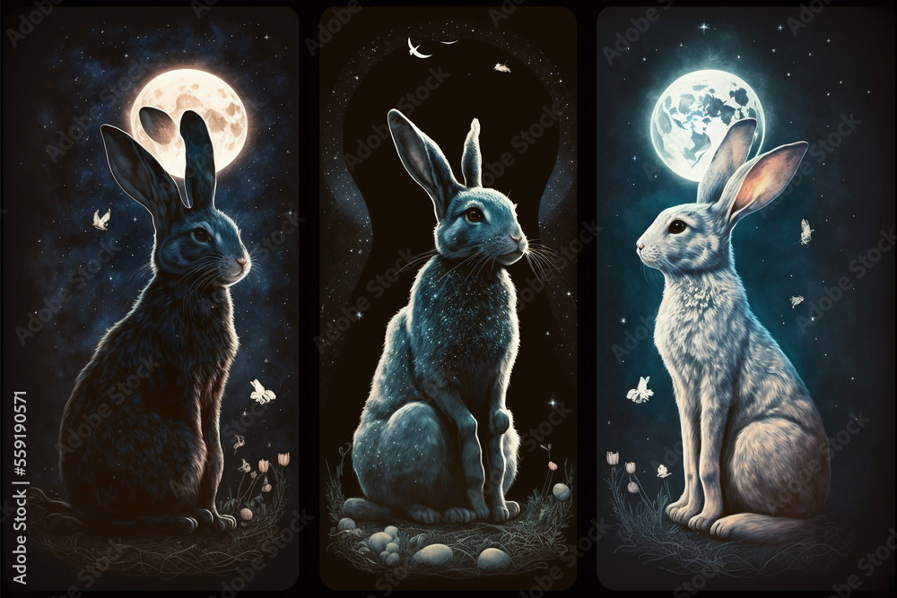 Rabbit and Moon Triptych Generative AI - obrazy, fototapety, plakaty 