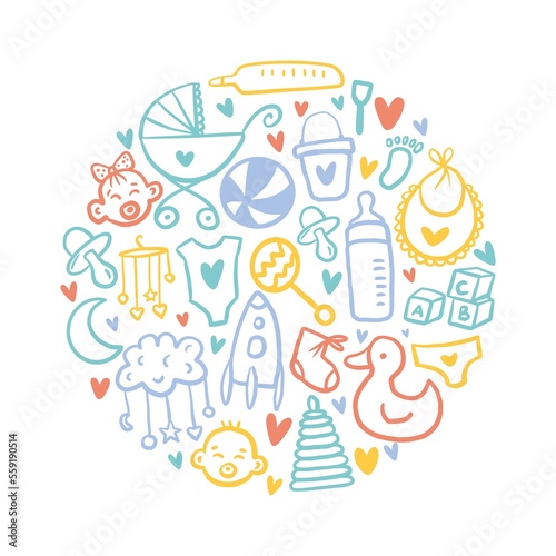 Vector, round pattern with elements for newborns, hand-drawn in the style of a doodle	
