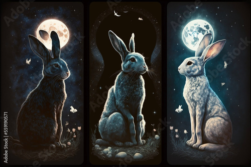 Rabbit and Moon Triptych Generative AI