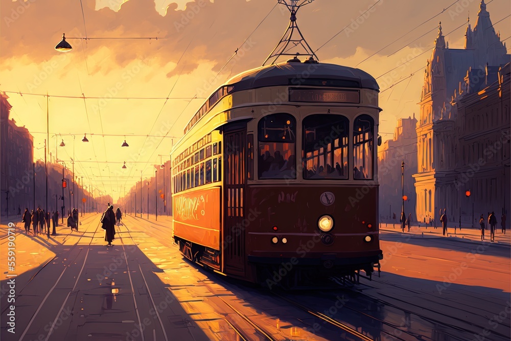 a painting of a trolley on a city street at sunset with people walking on the sidewalk and a tram on the tracks in the background, with a person walking on the sidewalk, and a.