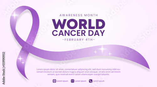 World cancer day background with a shining purple ribbon with sparkles