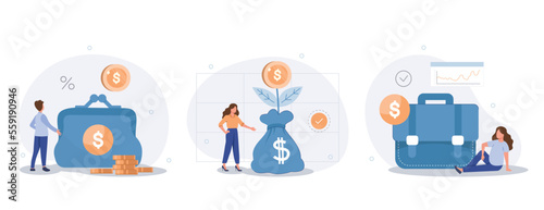 Financial management concept. Money saving and investing illustration set. Characters managing investment portfolio, planning invest strategy, savings and budgets. Vector illustration.